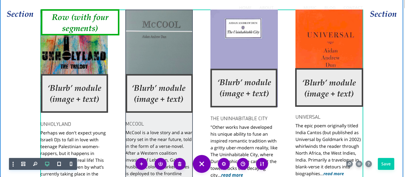 Section, Row and Module ('Blurb')